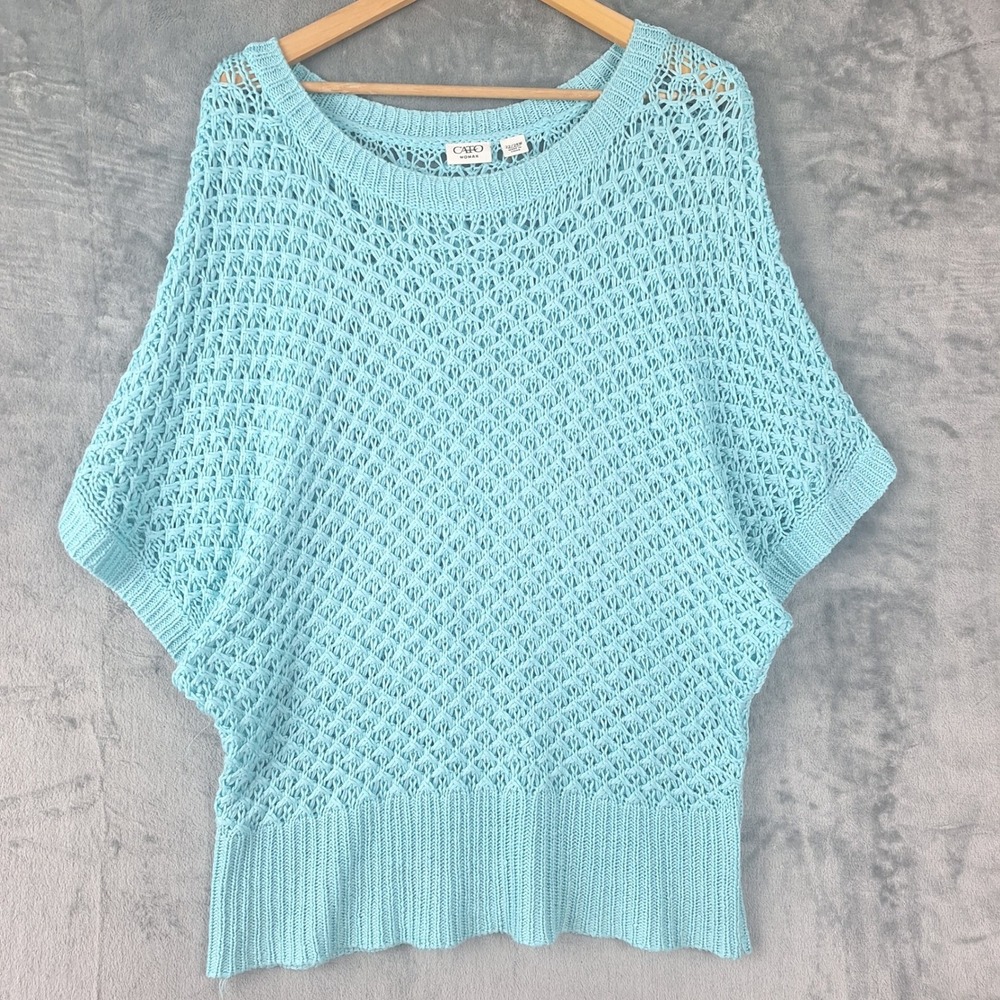 Womens Sweater 22/24W Blue Open Knit Crochet Boho Cottagecore Pullover‎ Festival